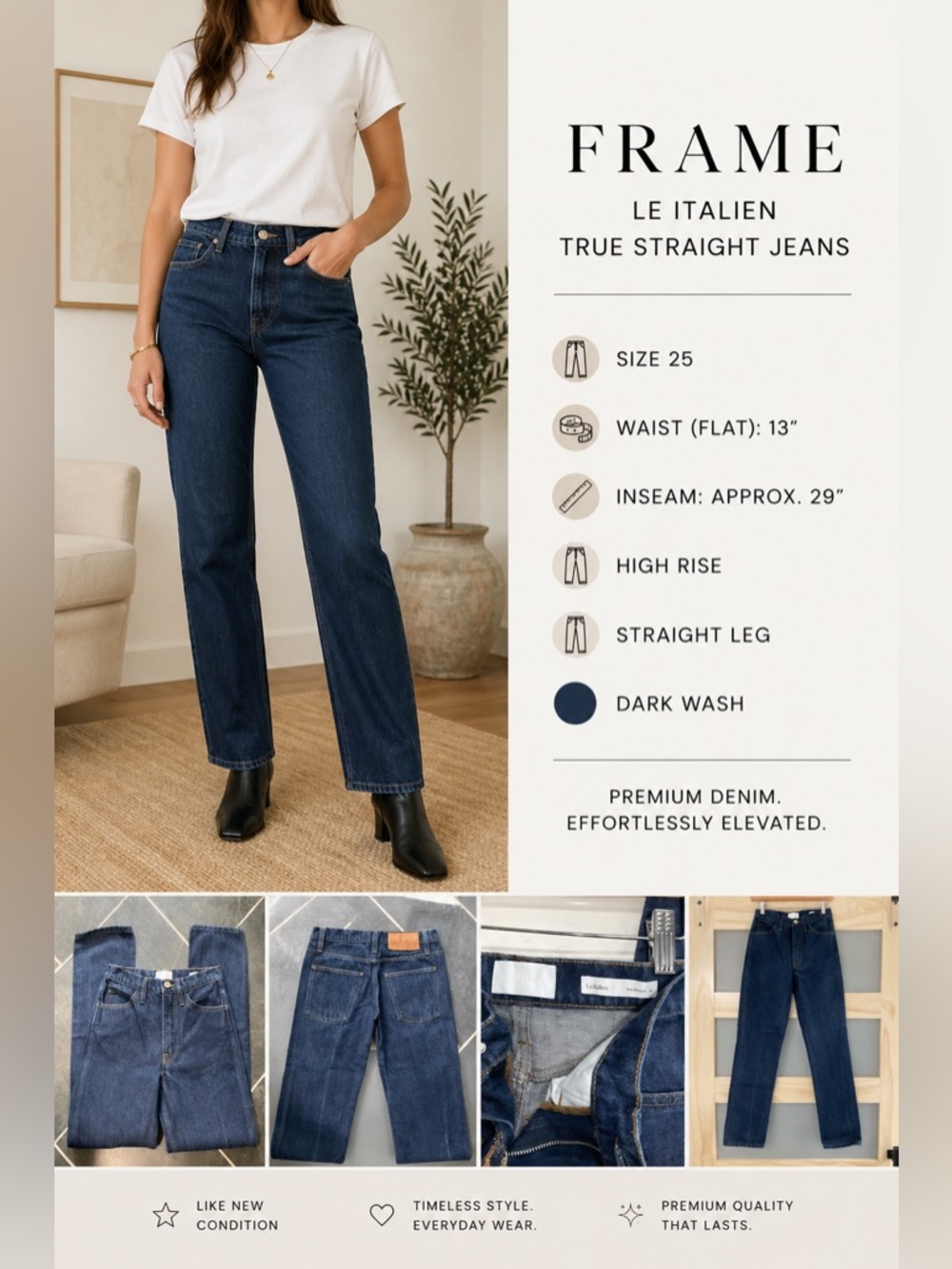Frame Le Italien True Straight Jeans Size 25 Dark Wash High Rise Premium Denim